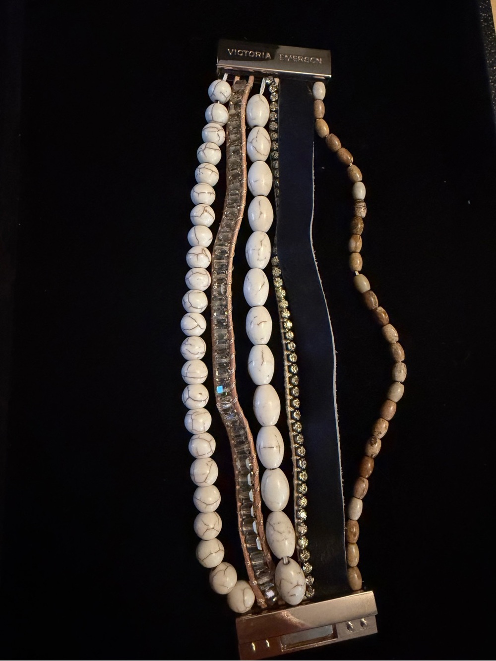 Multi-Strand White Marble & Howlite Bead Magnetic Cuff Cow Hide Strand Bracelet